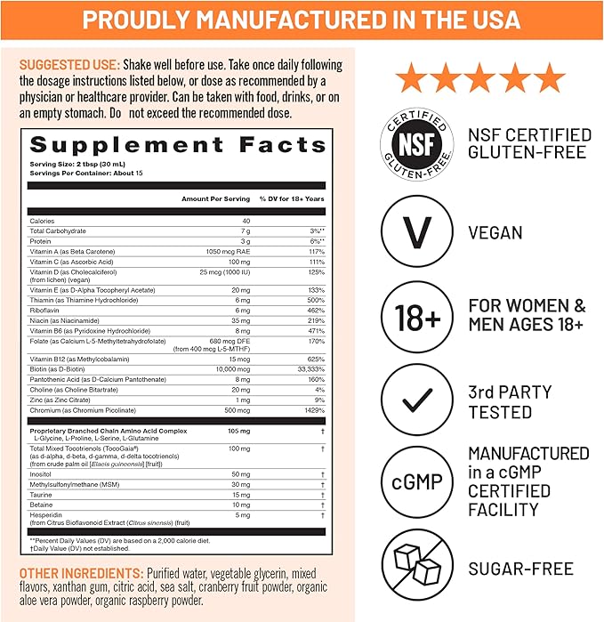 NatureWise Liquid Multivitamin Hair Growth for Women &amp Men + Tocogaia® for Hair Growth &amp Skin Elasticity Support + Biotin Vitamin D E B - Sugar Free Multivitamin Vegan - 15 fl oz[15 Servin