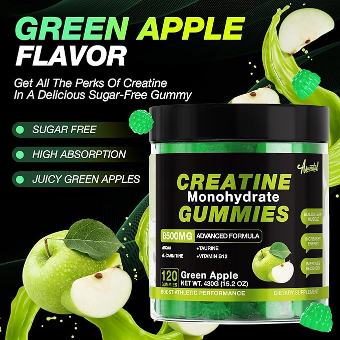 Creatine Monohydrate Gummies 8500MG for Men &amp Women - Creatine Gummies Sugar Free Pre Workout Promote Muscle Growth Boost Strength &amp Energy 120 Count Green Apple