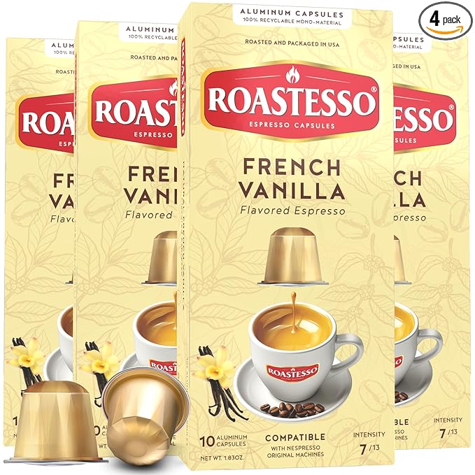 Roastesso Aluminum Espresso Capsules French Vanilla Natural Flavored Coffee Compatible with Nespresso Original Machines Medium Roast Intensity 7 Recyclable Coffee Pods Packed in USA (40 Count)