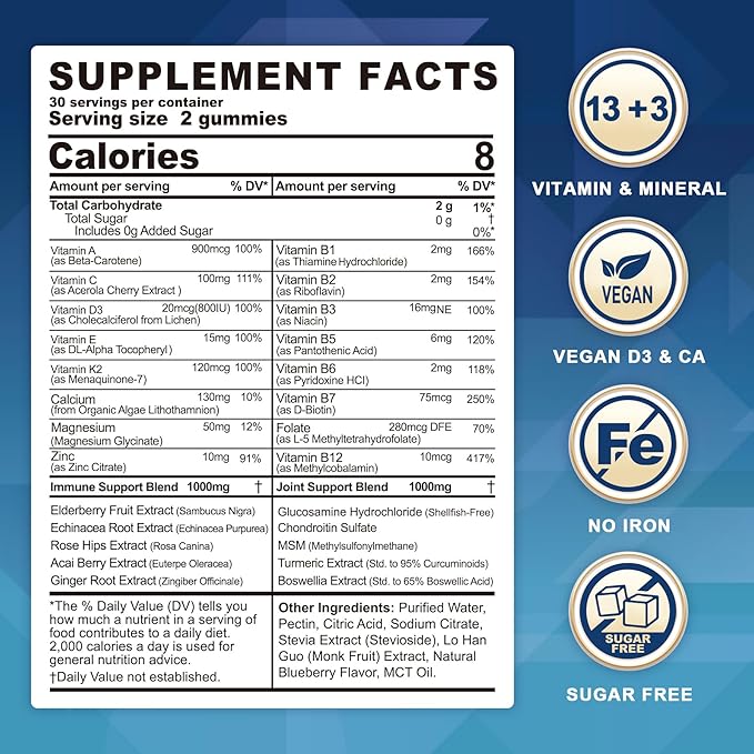 Methylated Multivitamin for Men/Women Gummies Mens/Womens Multivitamin 50 Plus with Glucosamine Chondroitin MSM Echinacea Sugar Free Chewable Multi Vitamins B D3 K2 A C E for Adults Seniors 120 Cts
