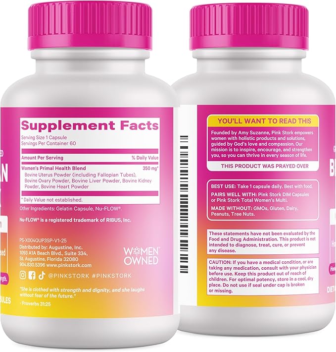 Pink Stork Beef Organ Supplement for Women | Grass-Fed Beef Liver Capsules with Iron B12 CoQ10 Vitamin A | Primal Multivitamin for Female Hormone + Energy Support | 60 Capsules