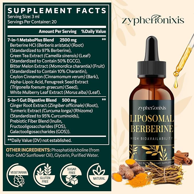 Liposomal Berberine HCL Supplement Liquid 3000mg - High Absorption Berberine Drops with Ceylon Cinnamon - 12-in-1 Formula AMPK Activator Sugar Free - 2 fl oz