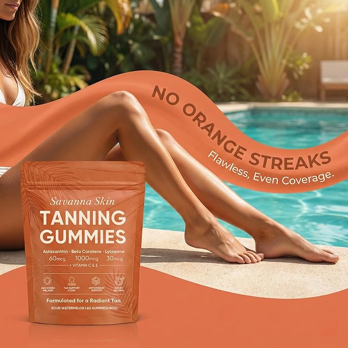 Savanna Skin Tanning Gummies with Astaxanthin Beta-Carotene Lycopene &amp Vitamins Radiant Healthy Skin Vitality Support &amp Hydration Vegan Sugar-Free Sour Watermelon Flavor 60 Count (1)