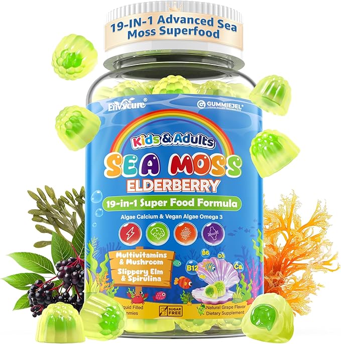 Sea Moss + Elderberry Gummies for Kids &amp Adults 19-IN-1 Super Food with Spirulina Algae Omega 3 Algae Calcium Ashwagandha Mushroom Vitamins D3 C for Immune Gut Bone Energy BrainVegan 6