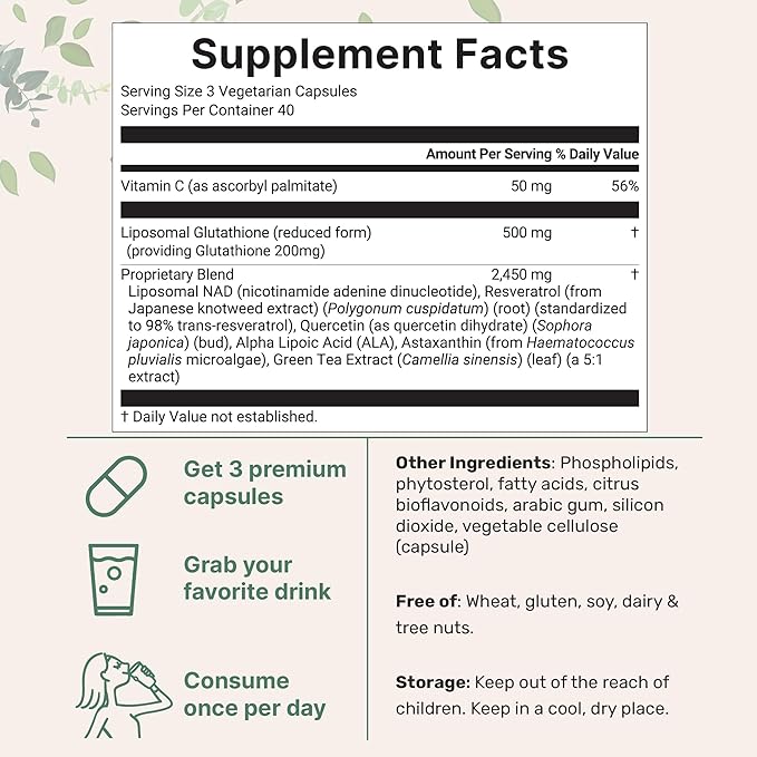 Micro Ingredients Liposomal Reduced Glutathione Complex 3000mg - 8‑in‑1 Advanced Glutathione Supplement with NAD Resveratrol Quercetin Alpha Lipoic Acid &amp Vitamin C - 120 Vegetarian Caps