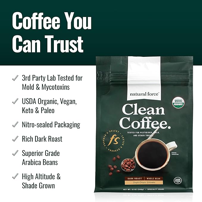 Natural Force Organic Dark Roast Clean Coffee + Organic MCT Oil Bundle – 100% Pure Coconut MCTs &amp Mold &amp Mycotoxin Free Coffee – Non-GMO Keto Paleo and Vegan - 12 Oz and 32 Oz