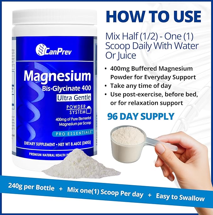 CanPrev Magnesium Bisglycinate 400 Ultra Gentle Powder 240g 48 Servings 400mg Elemental Magnesium Per Scoop Supports Restful Nights Muscle Function Gentle on Digestion Vegan Non-GMO Gluten-Free