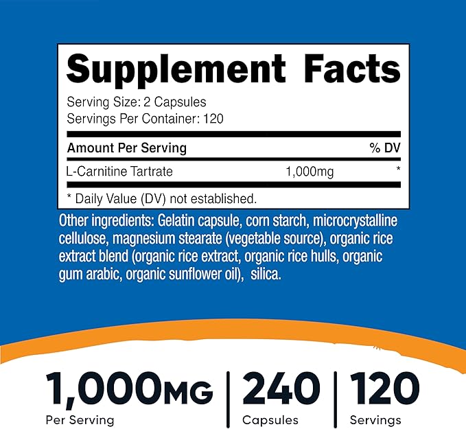 Nutricost L-Carnitine Tartrate 1000mg 240 Capsules - 500mg Per Capsule 120 Servings (Pack of 2)
