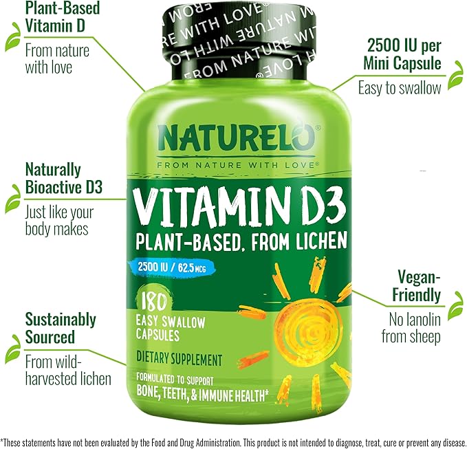 NATURELO Vitamin D - 2500 IU - Plant Based from Lichen - Natural D3 Supplement for Immune System Bone Support Joint Health - Vegan - Non-GMO - Gluten Free - 180 Capsules