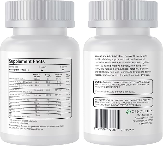 Centurion Puralor CI Brain Supplement for Memory and Focus with Folate NADH Vitamin B2 B6 and B12 for Teens and Adults 60 Tablets