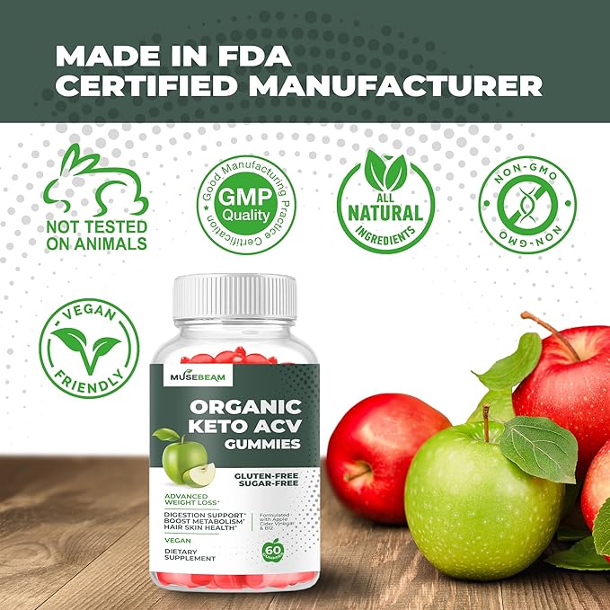 Organic Keto ACV Gummies Advanced Weight Loss - Gluten &amp Sugar Free Belly Fat Burner Apple Cider Vinegar Diet Supplement for Women Men (1000MG)