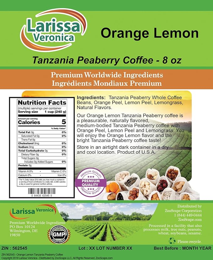 Orange Lemon Tanzania Peaberry Coffee (Gourmet Naturally Flavored Whole Coffee Beans) (8 oz ZIN: 562545)