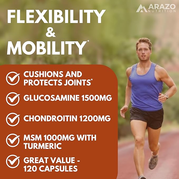 Arazo Nutrition Glucosamine Chondroitin Turmeric Msm Boswellia - Joint Support Supplement for Relief 120 Capsules for Bones Back Knees Hands (120 Capsules)