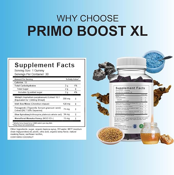BLUE VIBE (2 Pack) Primo Boost XL Gummies PrimoBoostXL Daily Performance Shilajit and Manuka Honey Supplement Primo Boost XL Advanced Overall Health and Performance Support Supplement (60 Gummies)