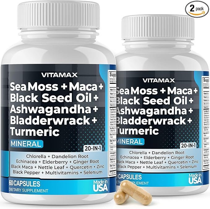 Sea Moss Maca Black Seed Oil Ashwagandha Bladderwrack Turmeric - Elderberry Vitamins C &amp D3 Dandelion &amp Black Pepper - Made in USA- 120ct