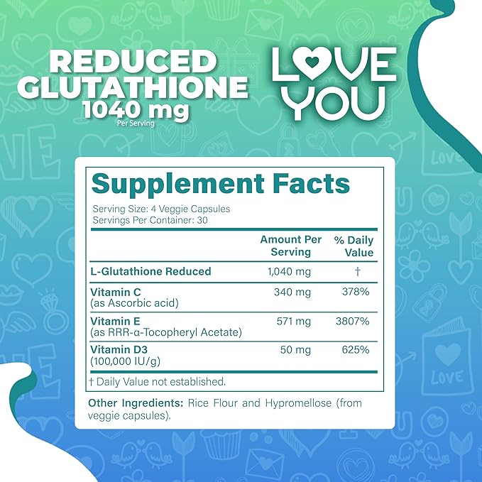 Love You Reduced Glutathione 98% Purity 1040 mg + Vitamin C E &amp D3 - Intracellular Antioxidant - Supports Detoxification &amp Immune Function - 120 Veggie Caps 30 Servings