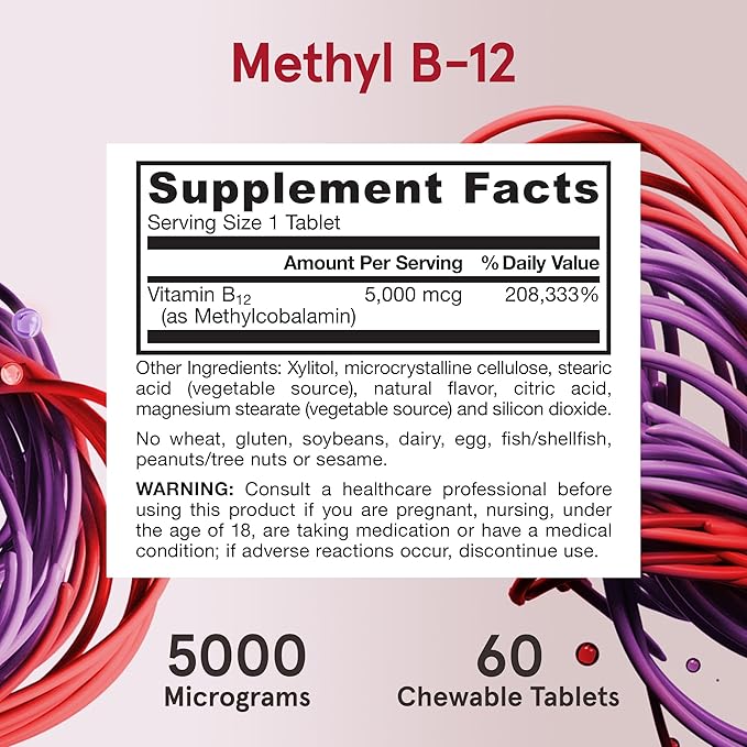 Jarrow Formulas Methyl Vitamin B12 5000 mcg - 60 Chewable Tablets Naturally Fruit Flavored- Bioactive B12 Vitamin - Supports Cellular Energy Production Brain Health &amp Metabolism - 60 Servings