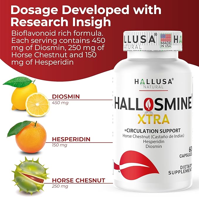 Hallosmine Xtra - Circulation &amp Vein Support Diosmin Horse Chesnut &amp Hesperidin 850mg + FREE Leg Cream | Leg Circulation Varicose Veins Spider Veins Hemorrhoids Blood Flow | 60 capsules
