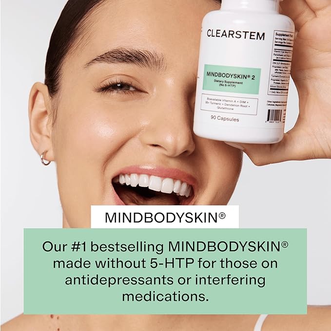 CLEARSTEM - MINDBODYSKIN Hormonal Acne Supplement (No 5-HTP) - Natural DIM Supplement - Skin Care Vitamins - Hormone Balance Antioxidants - Gluten Free Cruelty Free - 30 Servings 90 Capsules