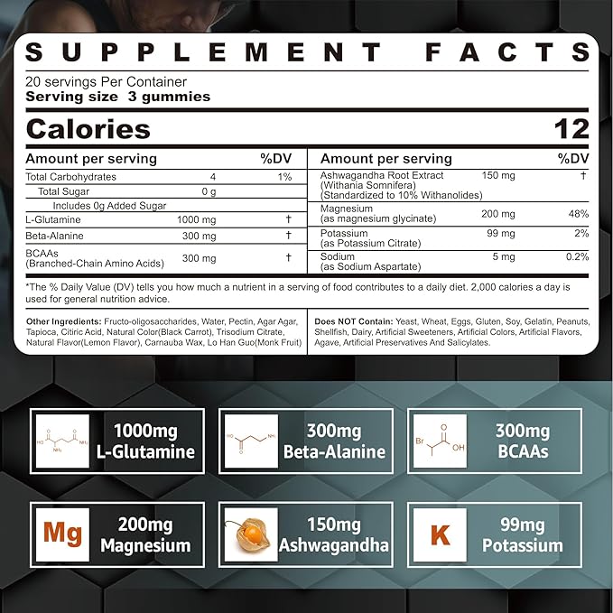 L-Glutamine 1000mg Gummies for Women &amp Men| with Beta-Alanine BCAAs Magnesium Glycinate Potassium &amp Ashwagandha | Vegan | Sugar-Free &amp Extra-Chewy | 120 Counts