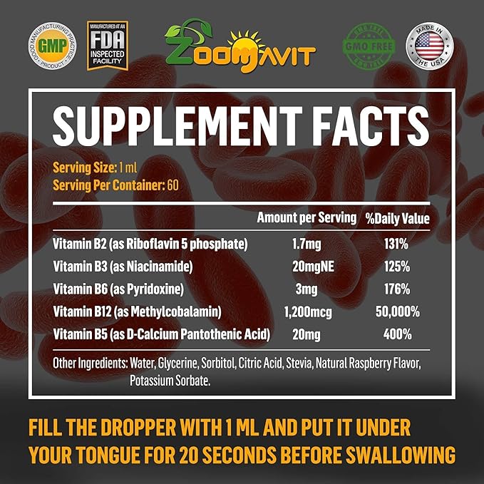 Vitamin B Complex Liquid Drops with Fast Absorption - Super B Liquid Complex Vitamins B2 B3 B5 B6 &amp B12 - Natural Energy Boost Mental Focus &amp Healthy Immune System