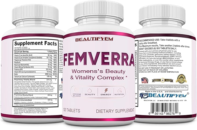 FEMVERRA Women 40+ Beauty &amp Anti-Aging Complex – Collagen Vitamins Amino &amp Herbal Extracts for Skin Elasticity Hormone Balance Curves &amp Energy – Support a Youthful Glow Firm Curves &a