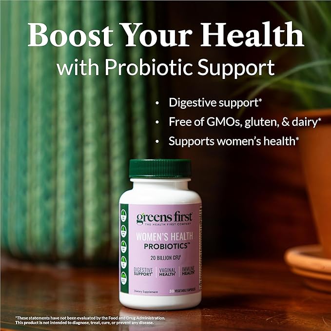 Greens First Women’s Health Probiotics - Probiotic for pH Balance - 20 Billion CFU - Support for Digestive Immune &amp Vaginal Health Non-GMO/Gluten-Free/Dairy-Free/Soy-Free (30 Vegetable Capsules)