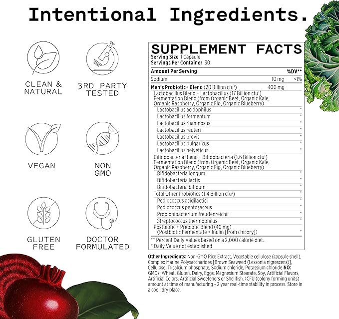 HEALIST Probiotics for Men - Probiotic Prebiotic Fiber Supplement &amp Postbiotic for Gut Health Colon Health Overall Wellness Dr Formulated 20 Billion CFU 30 Vegan Capsules