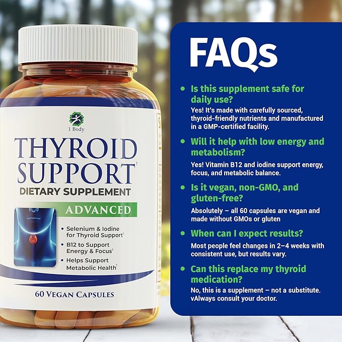 1 Body Thyroid Support Supplement for Women and Men Selenium with Iodine Zinc B12 Ashwagandha and L-Tyrosine Supports Hormone Health Energy and Metabolism 30 Day Supply