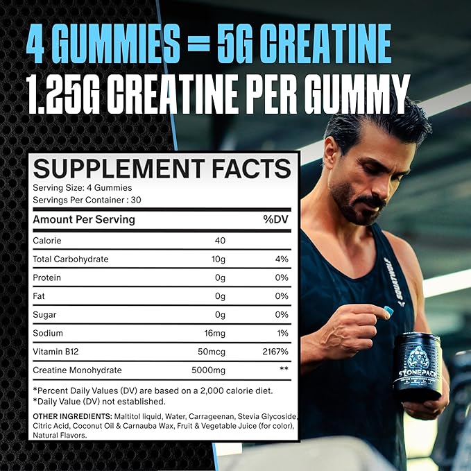 STONEPACK Creatine Gummies – The Only Lab-Verified 5g Creatine Monohydrate | Plus B12 for Energy Accurate Dosing Sugar-Free Vegan Gluten-Free | 120 Count Blue Raspberry Flavor