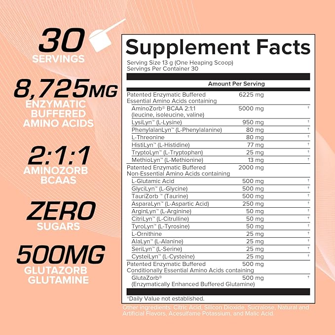 EFX Sports Aminozorb Elite 21 | PH-Correct Full Spectrum Aminos + Glutamine | Essential &amp Non Essential Aminos | Zero Sugars | 30 Servings (Sour Peach)
