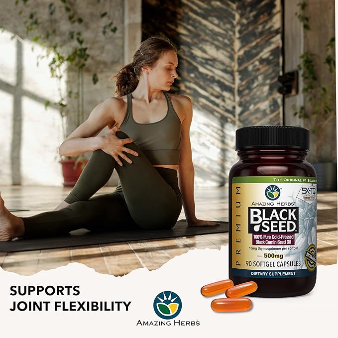 Amazing Herbs Premium Black Seed Oil Capsules - Gluten Free Non GMO Cold Pressed Nigella Sativa Aids in Digestive Health Immune Support- 90 Count (Pack of 1)