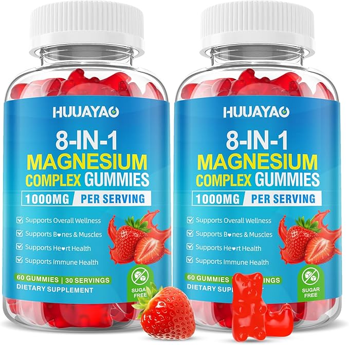 Magnesium Complex Gummies for Women Men 8 in 1 Magnesium Glycinate Citrate Malate Taurate Supports Bones Muscle Nerve Health Sugar-Free Vegan Non-GMO Strawberry Flavor 120 Count