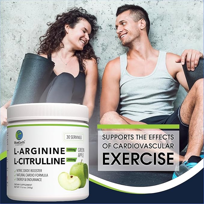 L-Arginine 5000mg + L-Citrulline 2000mg Complex Powder Supplement Drink Mix - Nitric Oxide Booster for Heart Health Blood Flow &amp Energy - 30 Servings (Green Apple)