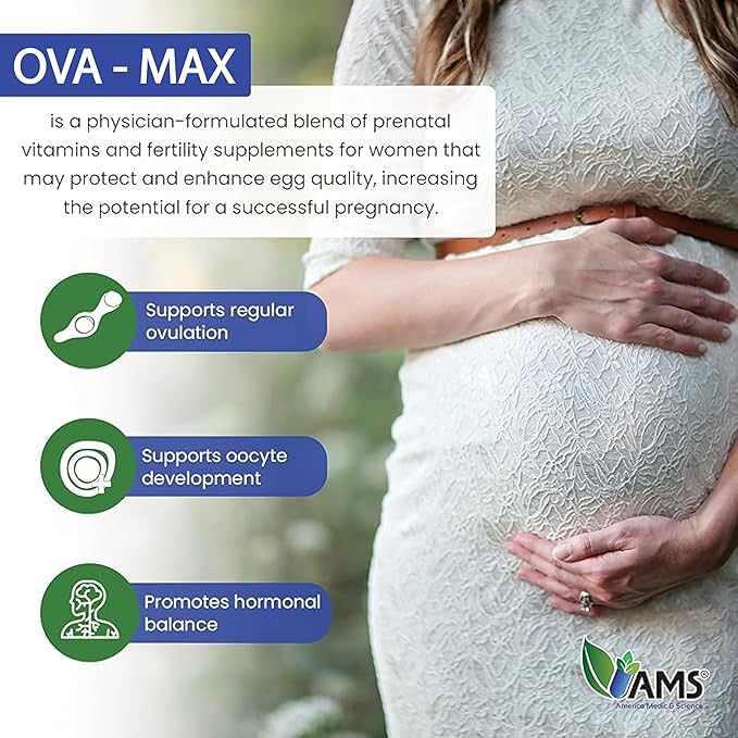 America Medic &amp Science OVA-Max Prenatal Vitamins for Women (120 Capsules) Boosts Fertility and Ovulation | Pregnancy Aid and Female Preconception Supplements with CoQ10 Folic Acid and Myo-Inosi