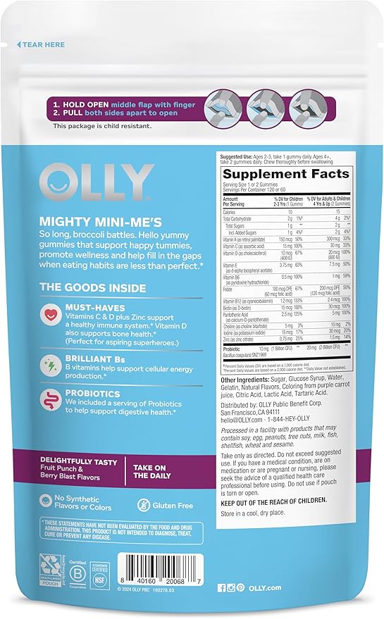 OLLY Kids Multivitamin &amp Probiotic Gummy Digestive Support Vitamins A D C E B Zinc Chewable Supplement Berry Flavor 60 day supply - 120 Count