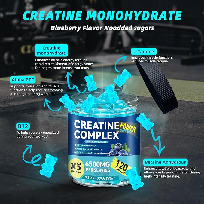 Creatine Monohydrate Gummies 6500mg per Serving for Men &amp Women - 120 Gummies X5 Strength Sugar Free Chewable Creatine for Muscle Builder Muscle Strength Pre-Workout Supplement (Blueberry)