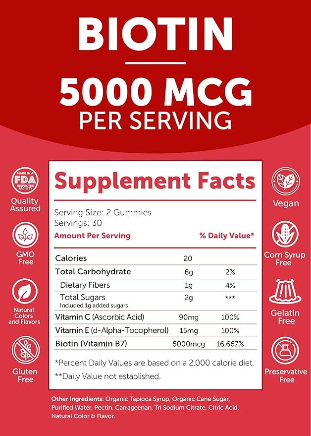 Lunakai USA Made Biotin Gummies 5000mcg with Vitamin C &amp E - Delicious Hair Skin Nails Vitamins for Women Non-GMO Hair Growth Supplement 60 Ct