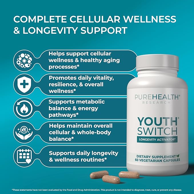 PUREHEALTH RESEARCH Youth Switch - Anti Aging Supplement for Women &amp Men - Longevity Mix for Healthy Aging - with Ashwagandha Cat's Claw Extract Astragalus Root L-Lysine HCL &amp More - 60 Cap