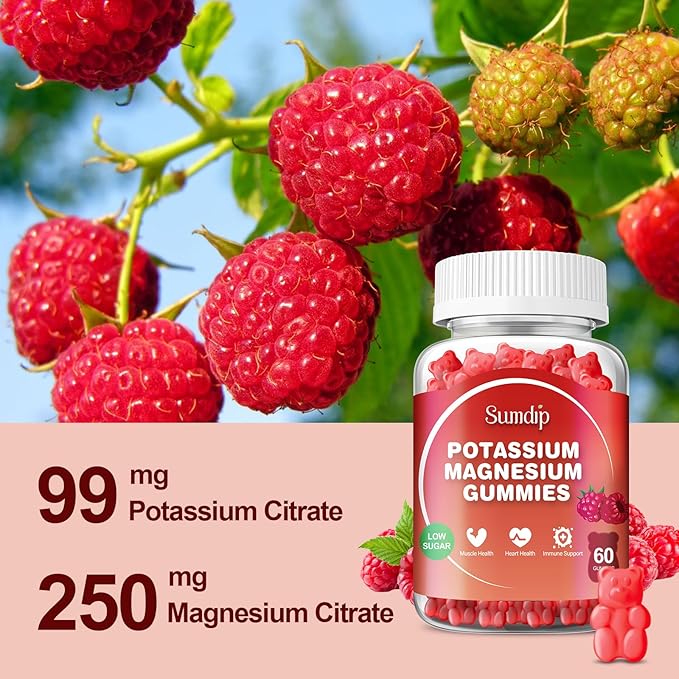 Magnesium Potassium Gummies Muscle &amp Heart Health Leg Cramps and Sleep Potassium Supplements Vegan Gummy Non-GMO Gluten Free 60 Gummies-2 Pack Raspberry