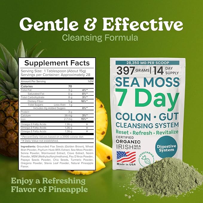 Atlantic Naturals Sea Moss 7-Colon Cleanse Powder | Formulated with Psyllium Husk Fiber &amp Senna Powder | Supports Immune &amp Gut Health for Women &amp Men Pineapple Flavor Drink Mix 14 oz