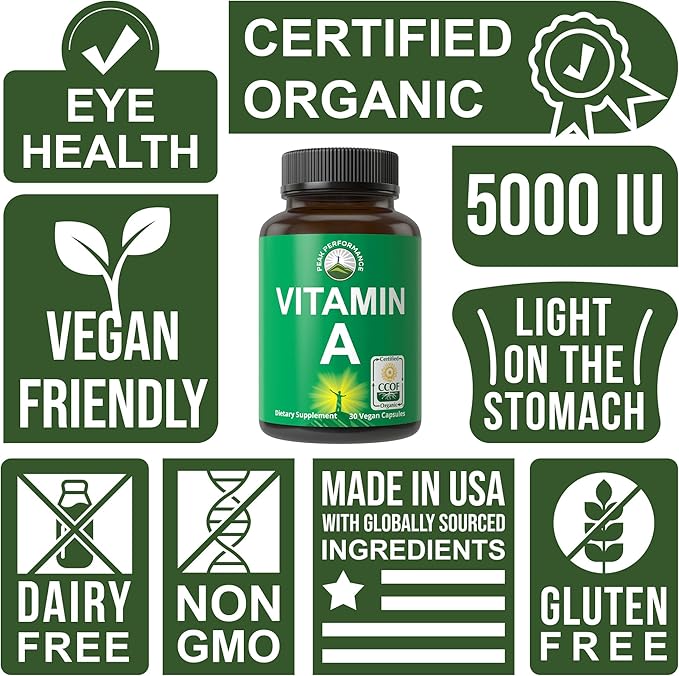 Certified Organic Vitamin A 5000 IU Supplement Capsules - High Potency Vitamins - for Adults Men Women Kids - Made with Carrot Juice - Great for Immune Skin Eye Support - Non GMO Vegan Pills