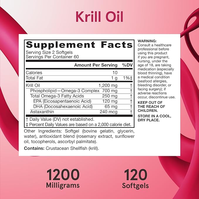 Jarrow Formulas Krill Oil - Phospholipid Omega-3 Complex with Astaxanthin - 120 Softgels - 60 Servings - Supports Lipid Management Metabolism Brain &amp Heart Health - EPA &amp DHA - Gluten Free -