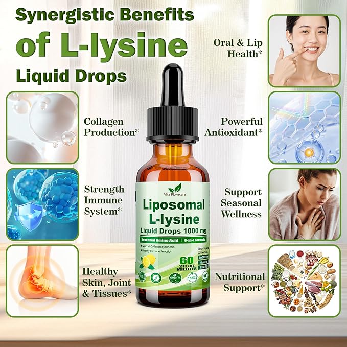 L-Lysine 1000mg Liquid Drops w. Monolaurin Olive Leaf Extract Vitamin C D3 &amp Zinc 6-in-1 Essential Amino Acid Supplement for Immune Collagen Lip &amp Oral Health Liposomal Lysine for Better Abs