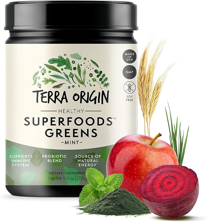 TERRA ORIGIN Healthy Superfood Greens Powder Drink with Probiotics &amp Ashwagandha | Adaptogen &amp Digestive Enzyme Fruit and Veggie Blend | for Gut Health Energy Immune Support* | 30 Servings |