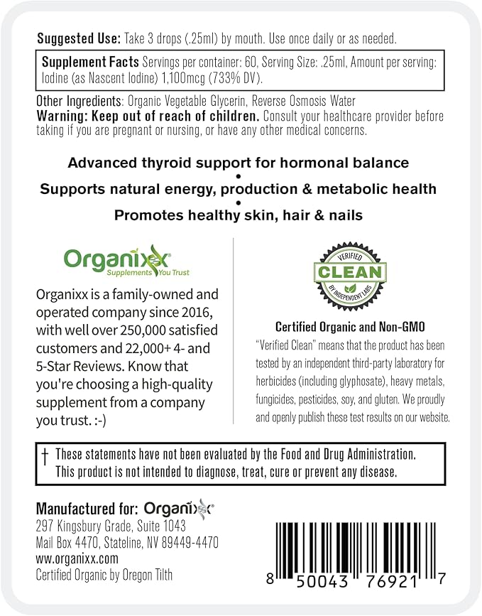 Organixx Iodine Supplement Organic Nascent Liquid Drops Pure Iodine Concentrate for Men and Women Gluten Free Vegan Non GMO American Made 15 ML 60 Servings
