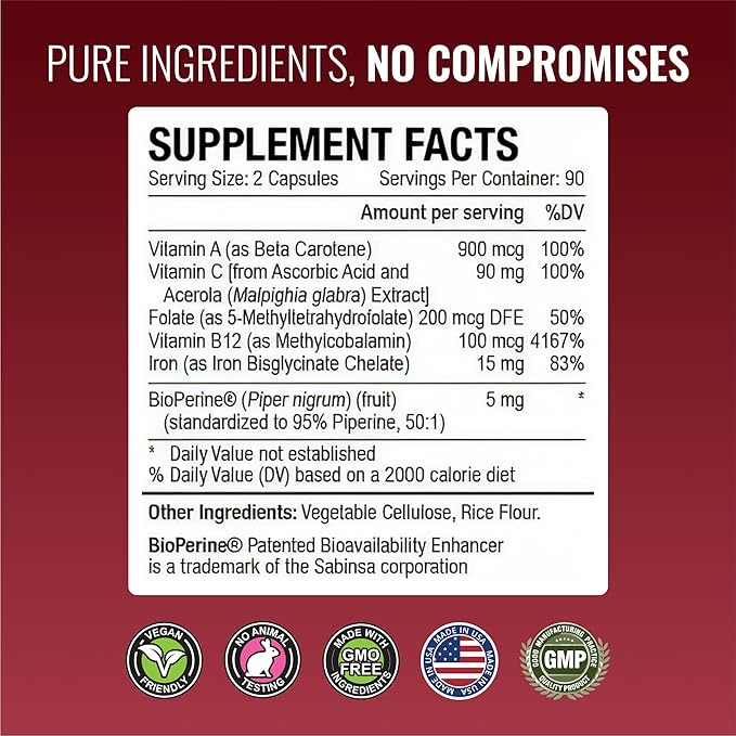 Approved Science Anemiaprin - Absorbable Iron Vitamin C - Gentle On Stomach - 380 Capsules - 6 Month Supply - Non-GMO Vegan