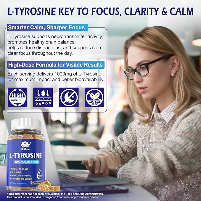 L Tyrosine Focus Supplement Gummies 1100mg for Adults Brain Supplements for Memory and Focus L-Tyrosine Gummies with Ashwagandha I-Theanine for Calm &amp Mood - Vitamin B6 &amp B9 for Energy-Vega