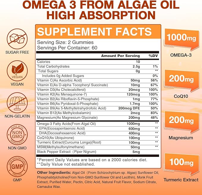 Vegan Omega-3 Gummies - Fish Oil Omega 3 Supplements Alternative for Adults - Algae DHA 600mg &amp EPA 400mg Vitamin D3 K2 - No Fish Taste - for Brain Eye Immune Support - Sugar Free120 Count