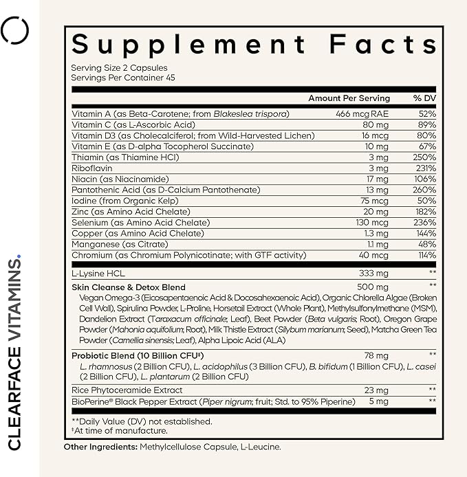 Codeage Clearface Pantothenic Acid Niacin Supplement Vitamins A C D3 E Probiotics Zinc Riboflavin Thiamin L-Lysine HCL &amp Omega-3 Niacinamide Skin Botanical Blend - Non-GMO - 90 Capsule